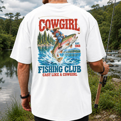 Cowgirl Riding Rainbow Trout Fishing Club T-Shirt | Back Print