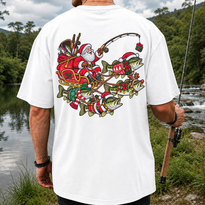 Santa Pulling Festive Bass Fishing Graphic T-Shirt | Back Print