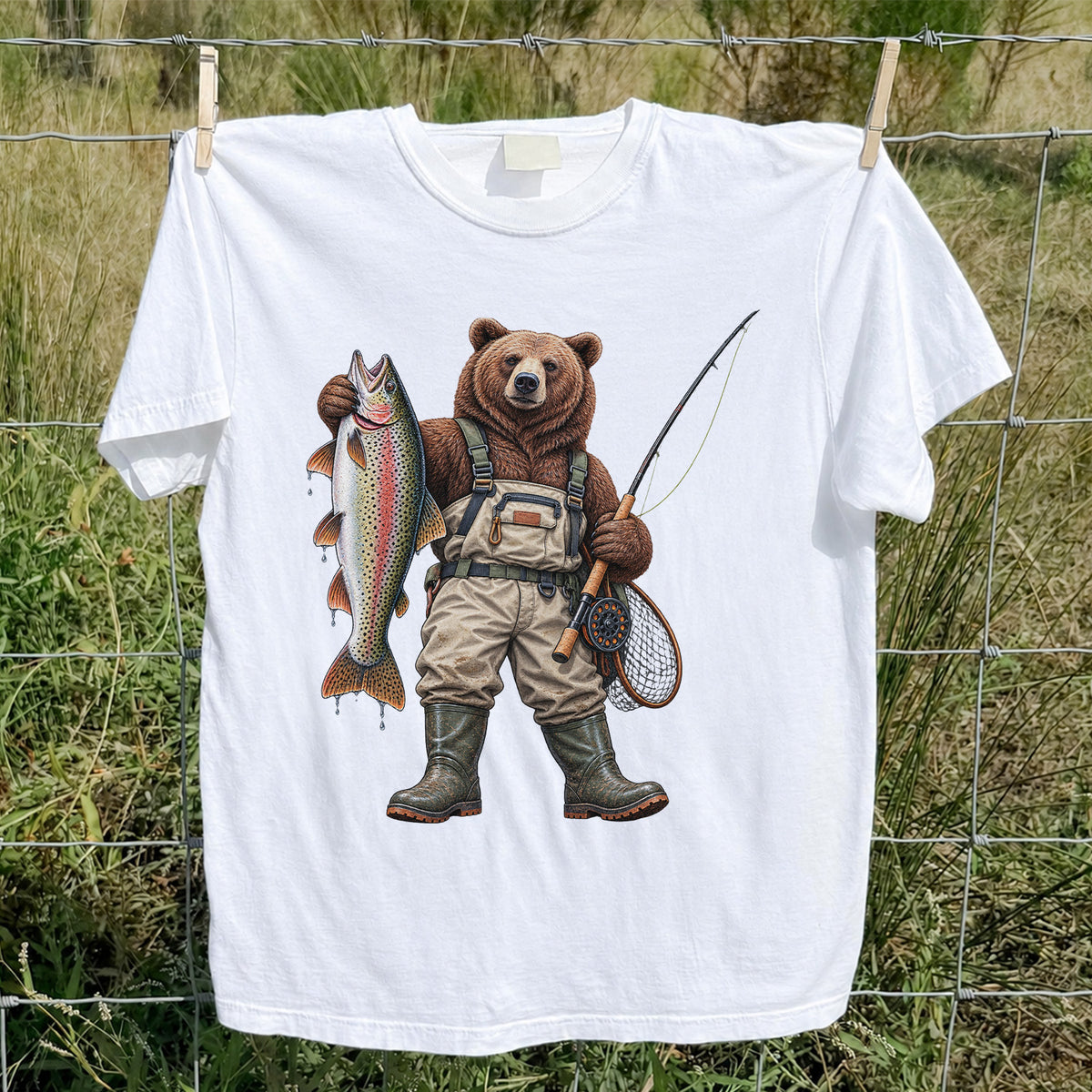Bear Fishing with Rainbow Trout Outdoor Graphic T-Shirt