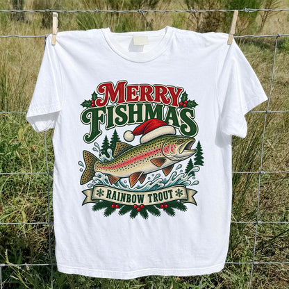 Merry Fishmas Rainbow Trout in Santa Hat Christmas Fishing T-Shirt