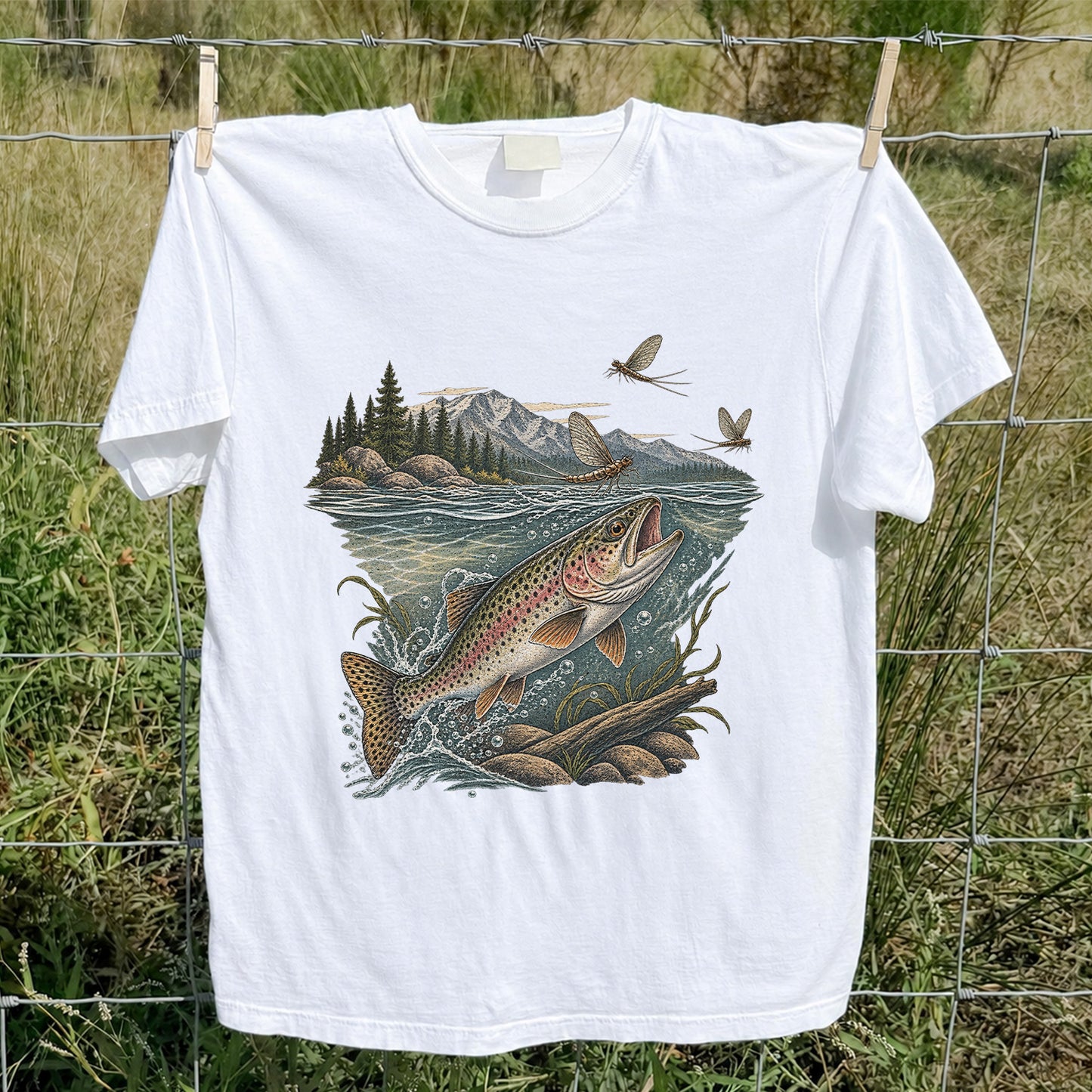 Mountain River Rainbow Trout Fly Fishing Graphic T-Shirt