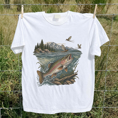 Mountain River Rainbow Trout Fly Fishing Graphic T-Shirt