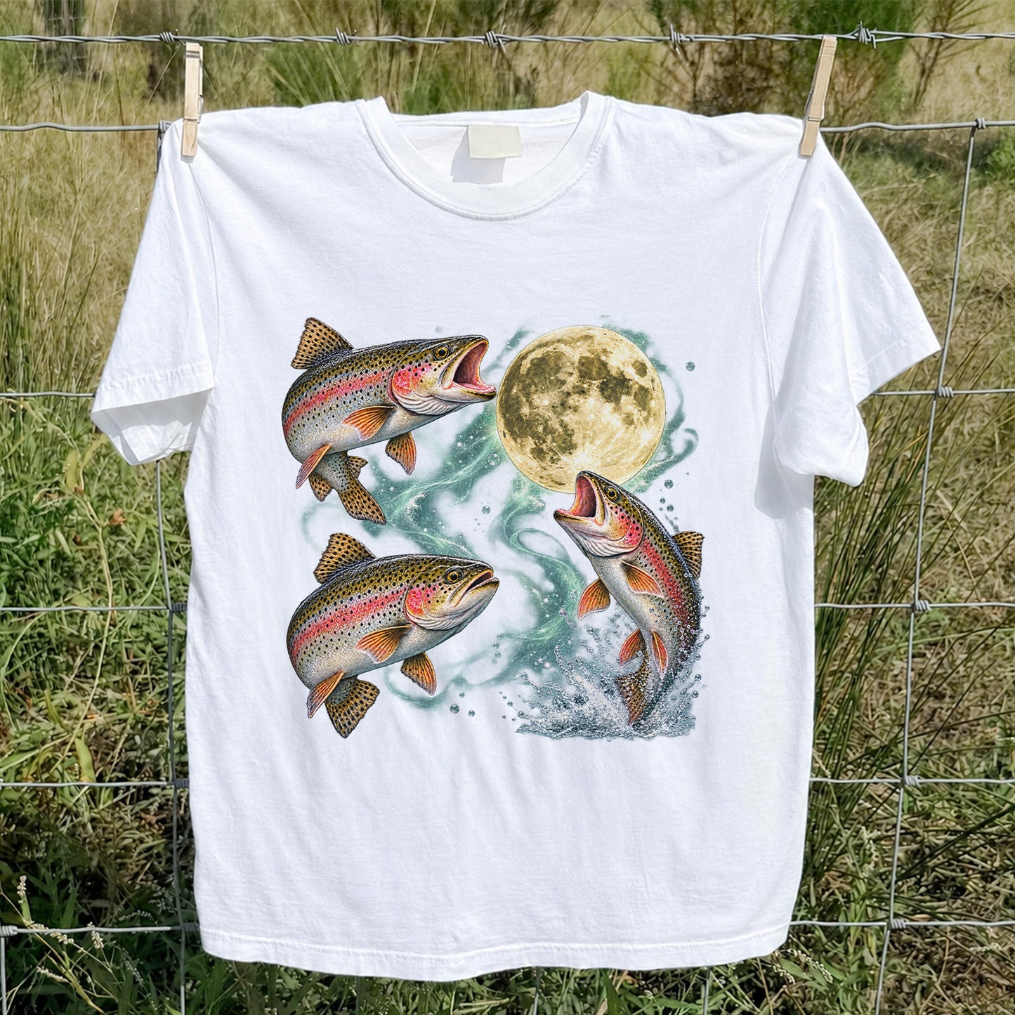 Rainbow Trout Under the Full Moon Fishing Graphic T-Shirt