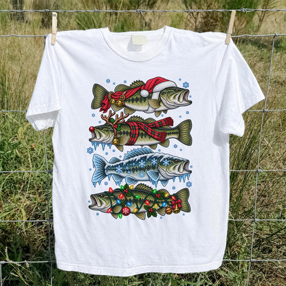 Christmas Bass with Santa Hat and Holiday Lights Fishing T-Shirt