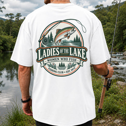 Ladies of the Lake Women Who Fish Rainbow Trout Fishing T-Shirt | Back Print