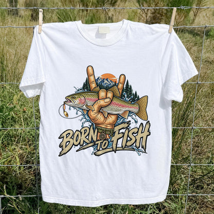 Born to Fish Rainbow Trout Rock Hand Sign Fishing T-Shirt