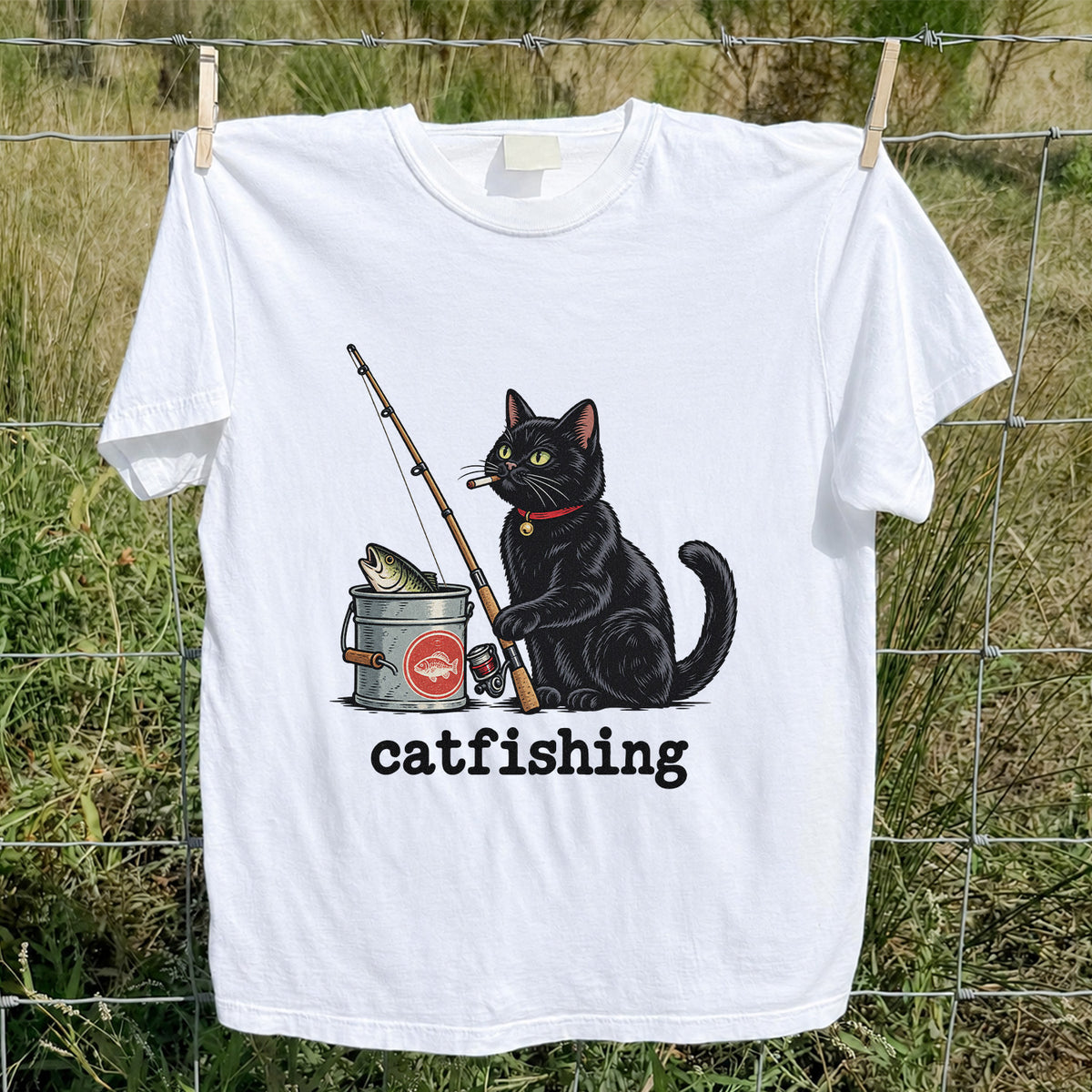 Catfishing Funny Black Cat with Fishing Rod Graphic T-Shirt
