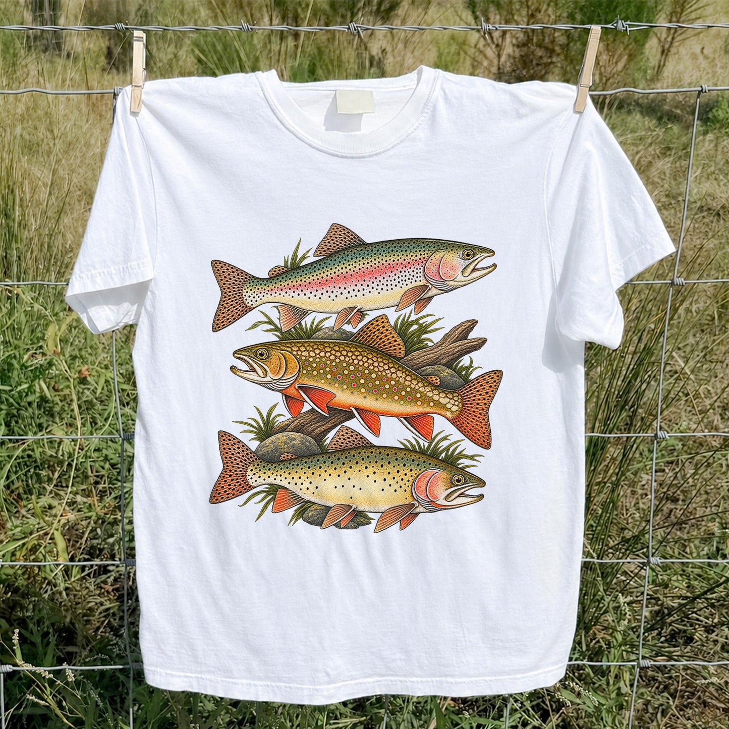 Vintage Rainbow Brook and Brown Trout Fishing Graphic T-Shirt