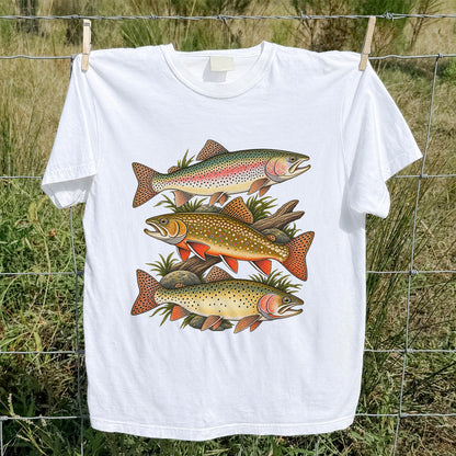 Vintage Rainbow Brook and Brown Trout Fishing Graphic T-Shirt