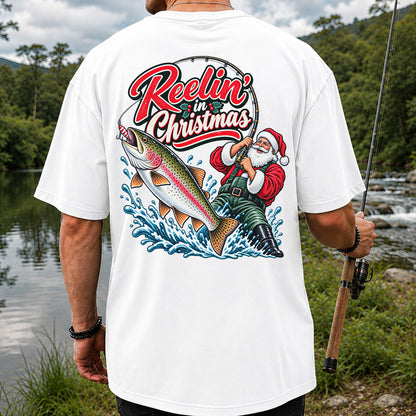 Reelin' in Christmas Santa Rainbow Trout Fishing T-Shirt | Back Print