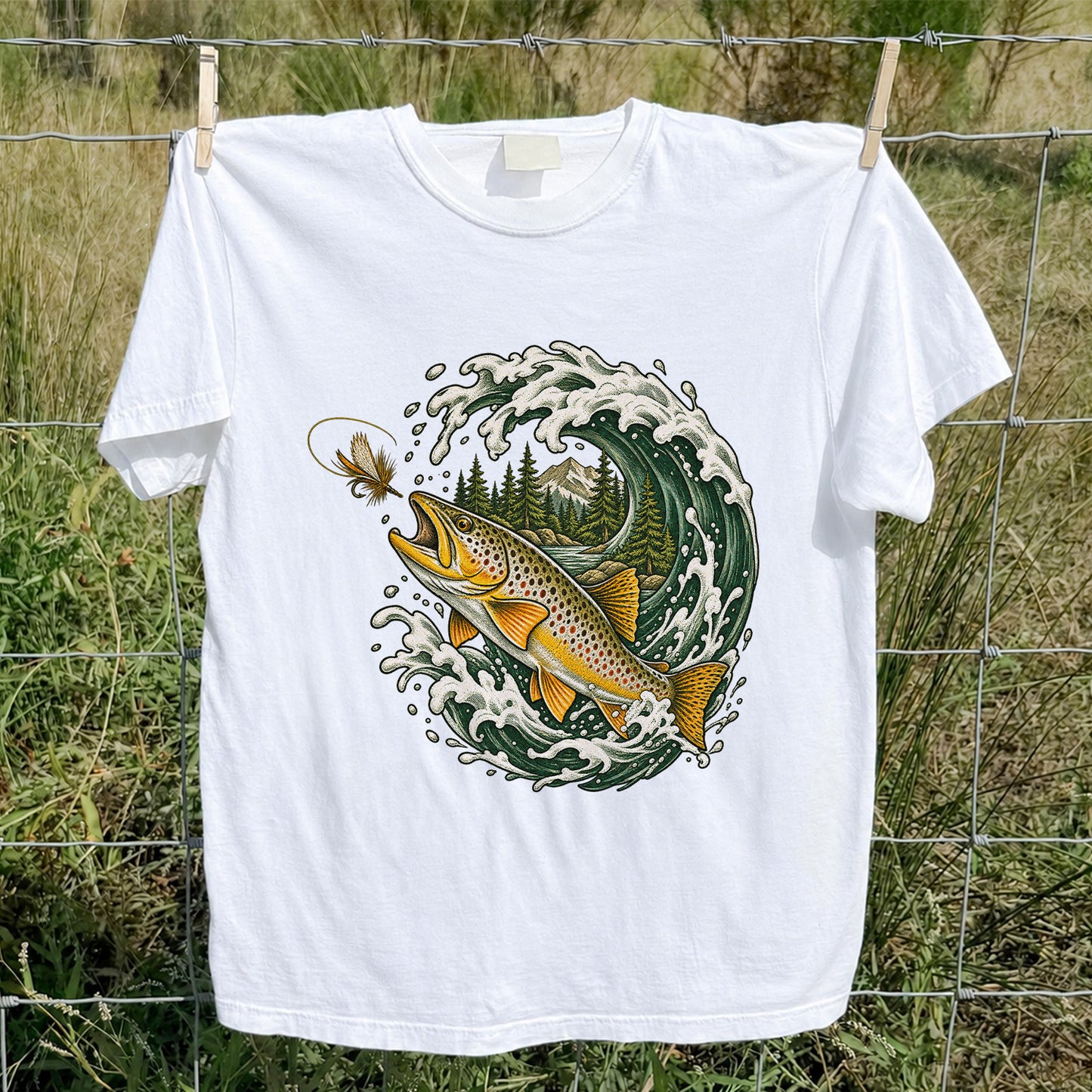Brown Trout Chasing a Fly Through a Mountain Wave Graphic T-Shirt