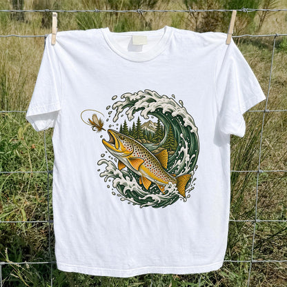Brown Trout Chasing a Fly Through a Mountain Wave Graphic T-Shirt