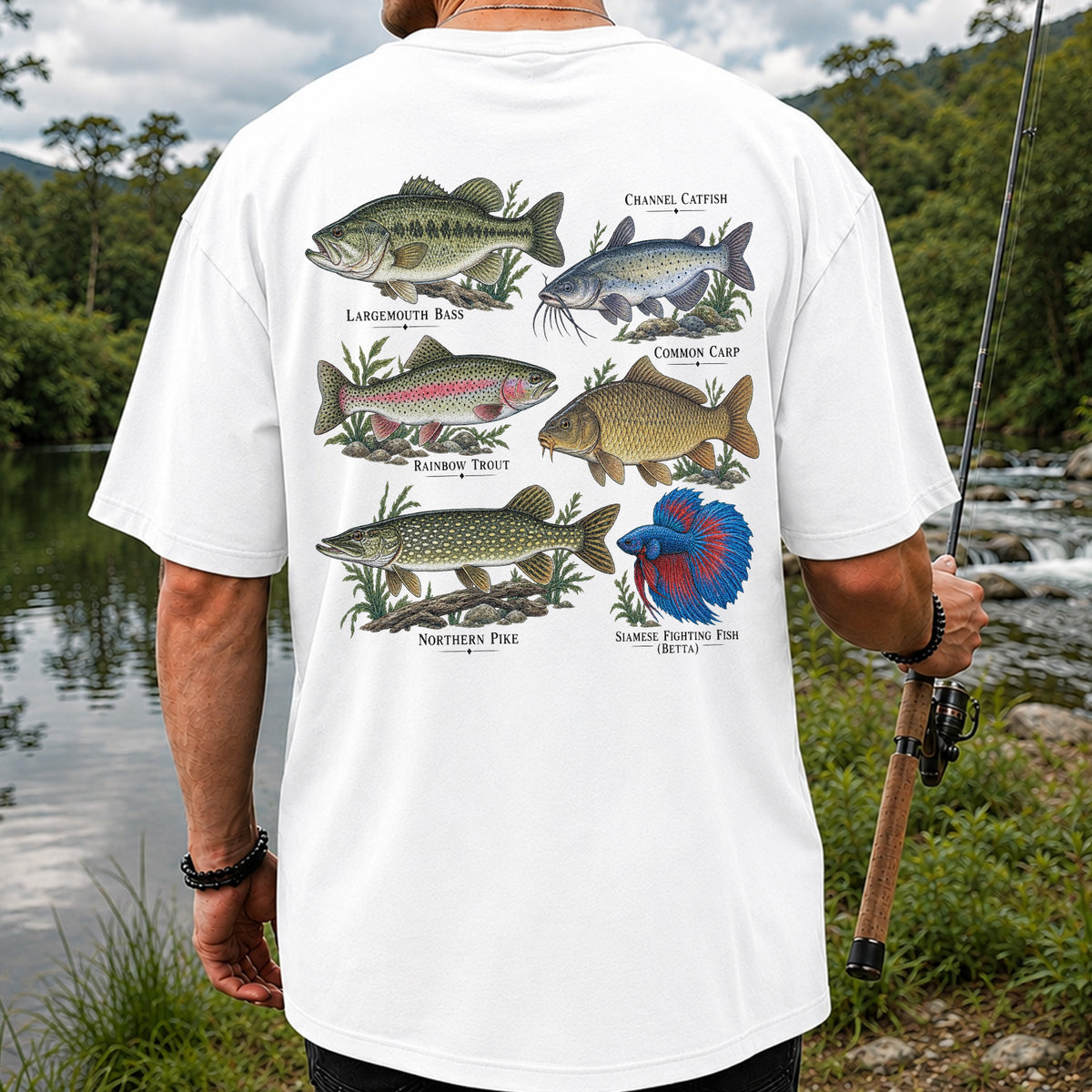 Bass Trout Catfish Carp Pike and Betta Freshwater Fish Graphic T-Shirt | Back Print