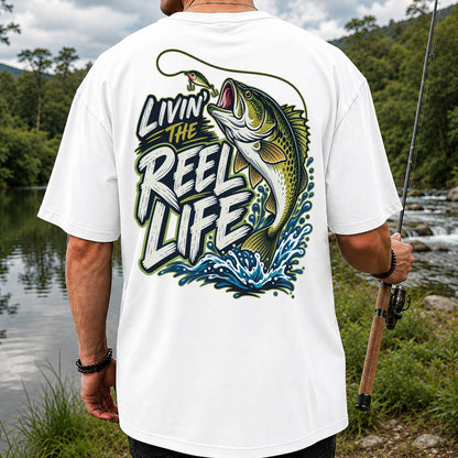 Livin' the Reel Life Jumping Bass Fishing Graphic T-Shirt | Back Print