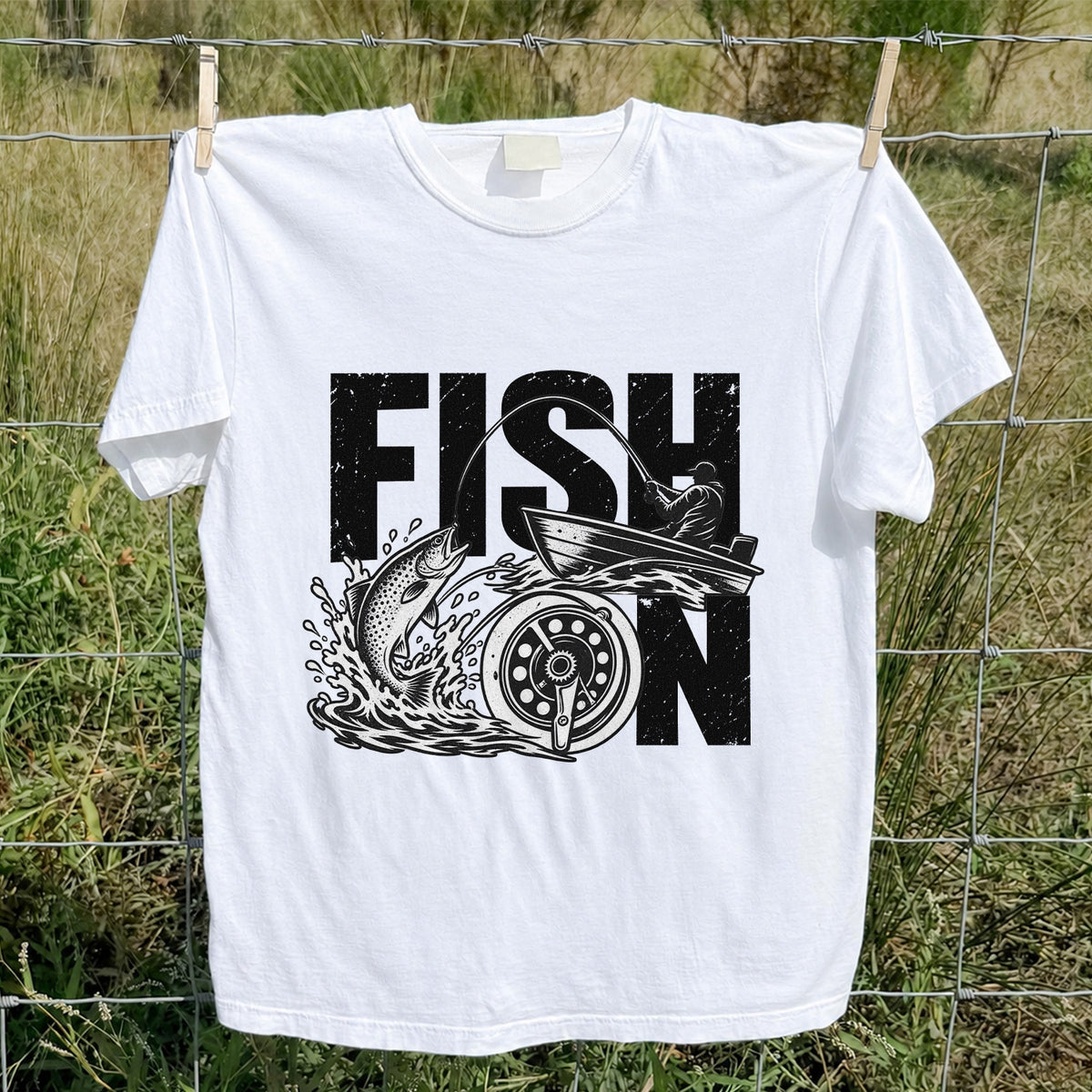 Fish On Jumping Trout and Fishing Boat Graphic T-Shirt