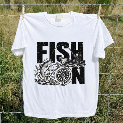 Fish On Jumping Trout and Fishing Boat Graphic T-Shirt