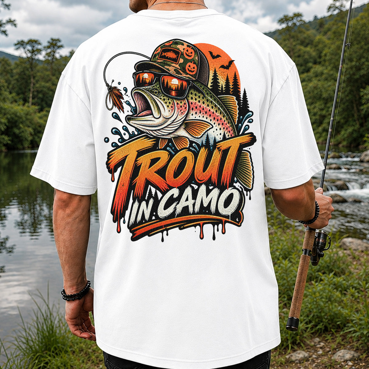 Trout in Camo Halloween Rainbow Trout Fishing Graphic T-Shirt | Back Print