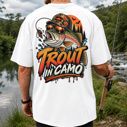 Trout in Camo Halloween Rainbow Trout Fishing Graphic T-Shirt | Back Print