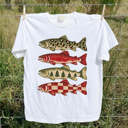 Four Seasonal Trout Patterns Christmas Fishing Graphic T-Shirt