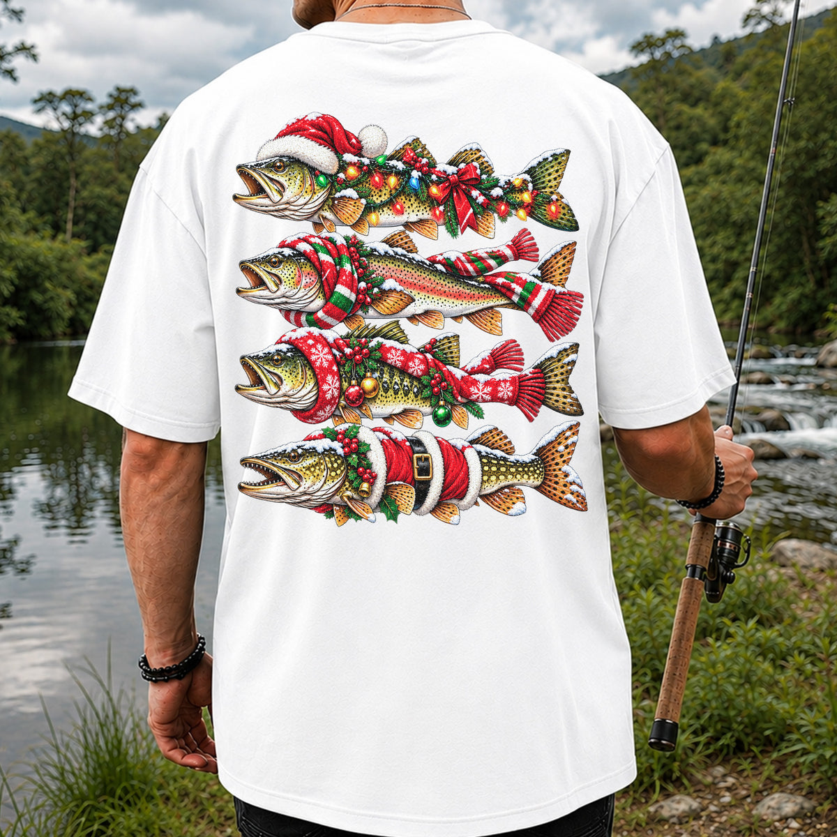 Christmas Trout Fishing Holiday Graphic T-Shirt | Back Print