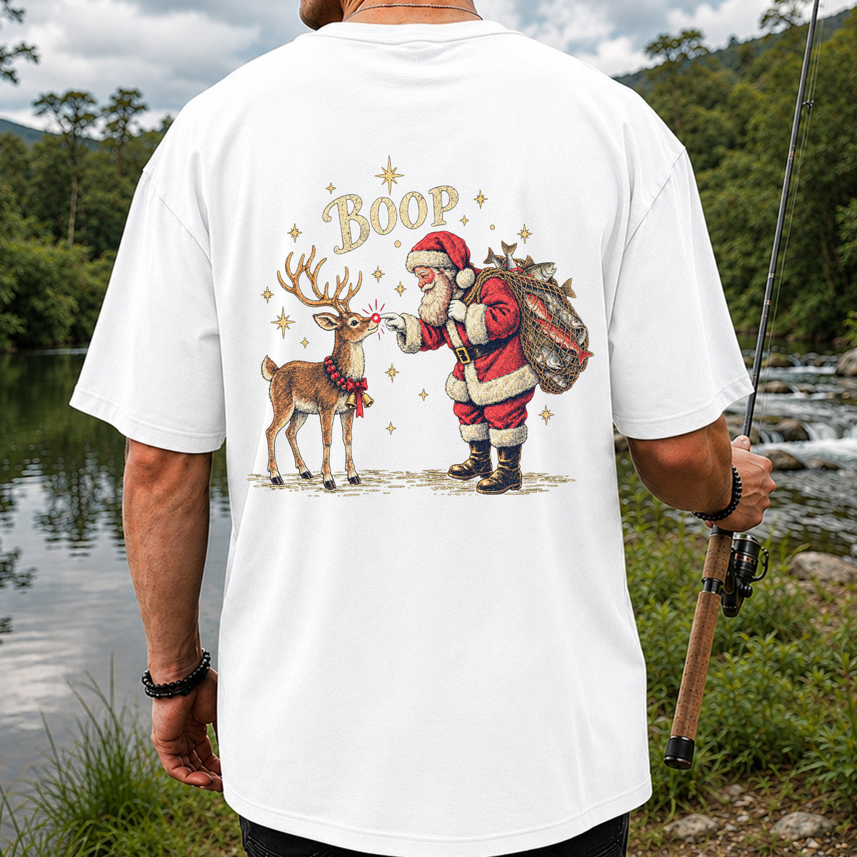 Santa and Reindeer Fishing Christmas Graphic T-Shirt | Back Print