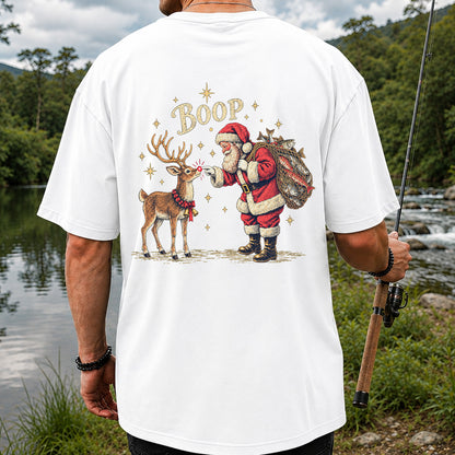 Santa and Reindeer Fishing Christmas Graphic T-Shirt | Back Print