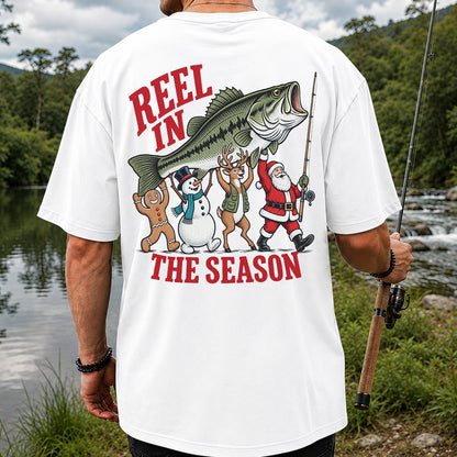 Reel in the Season Bass Christmas Fishing Graphic T-Shirt | Back Print