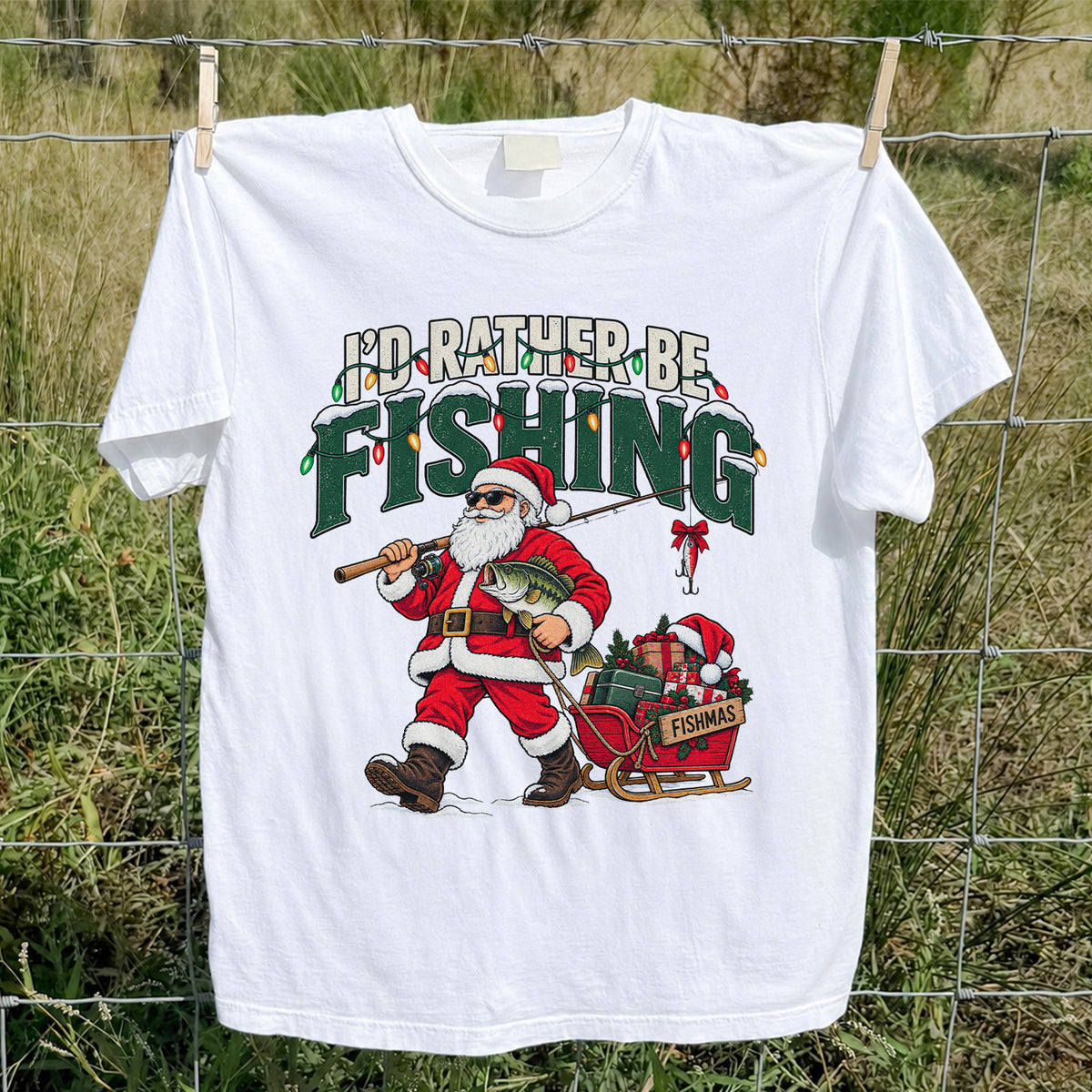 Santa Fishing with Bass Christmas Graphic T-Shirt