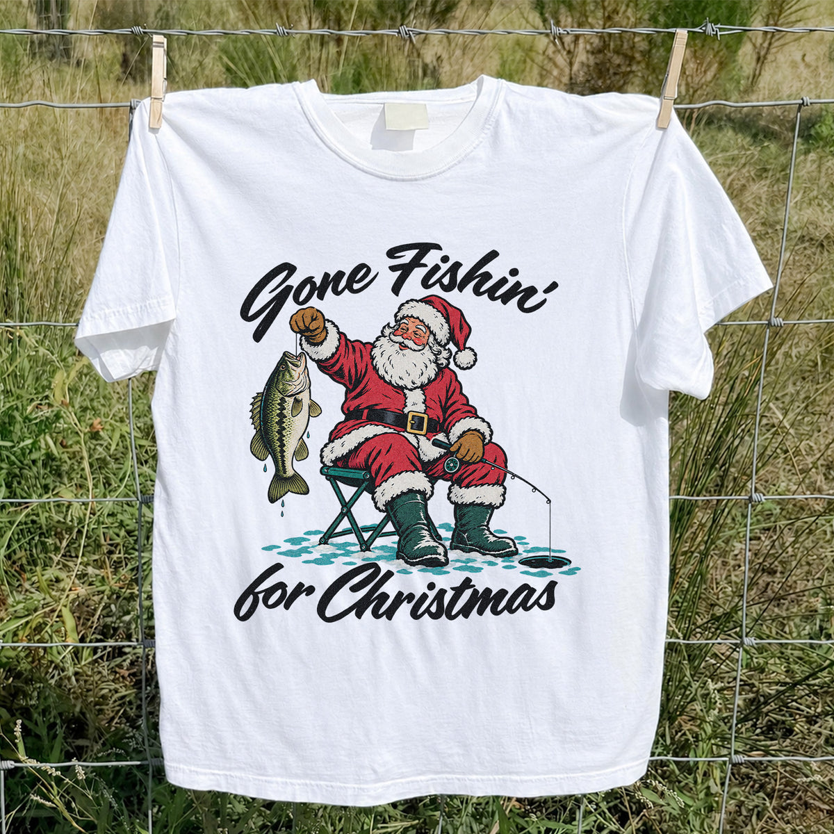 Santa Fishing with Bass Christmas Graphic T-Shirt
