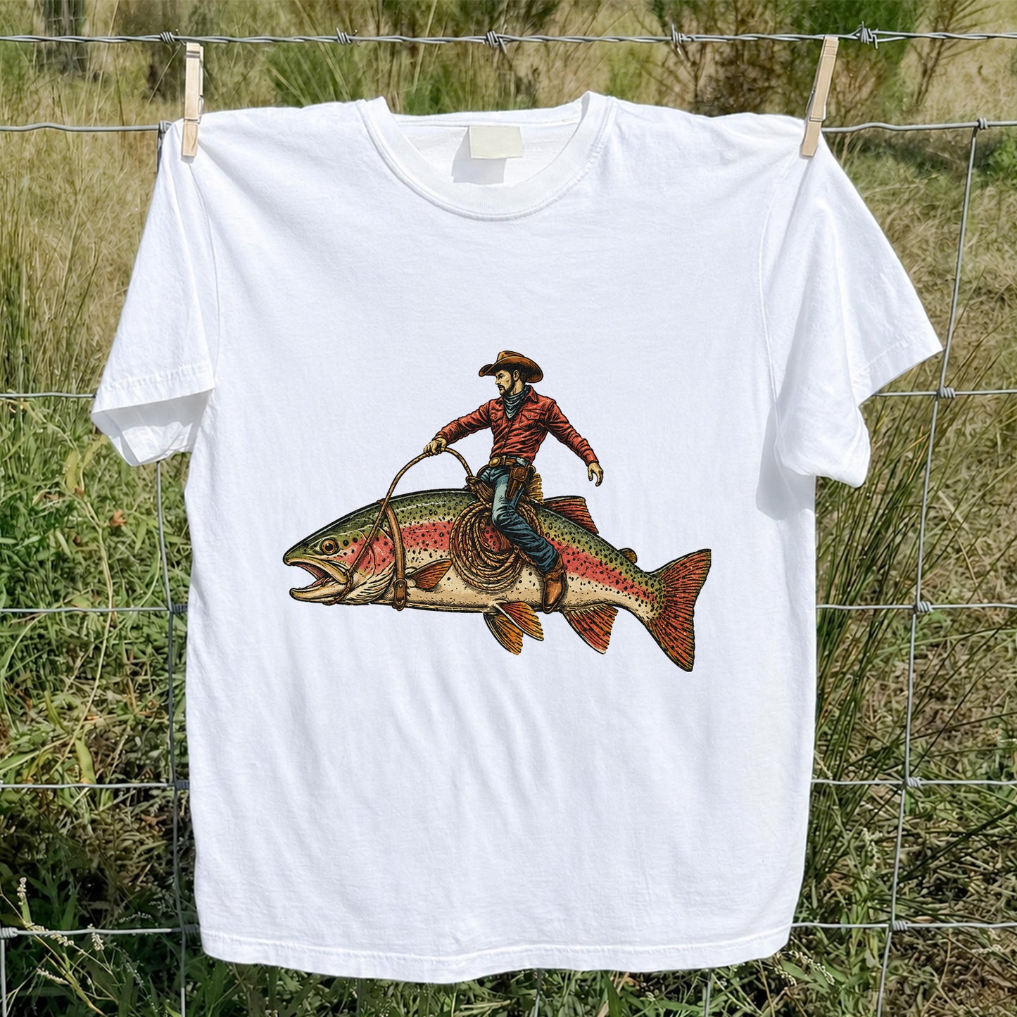 Cowboy Riding Rainbow Trout T-Shirt Vintage Western Fishing Tee