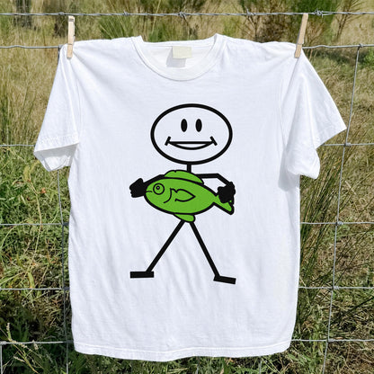 Happy Stick Figure Holding a Green Fish Graphic T-Shirt