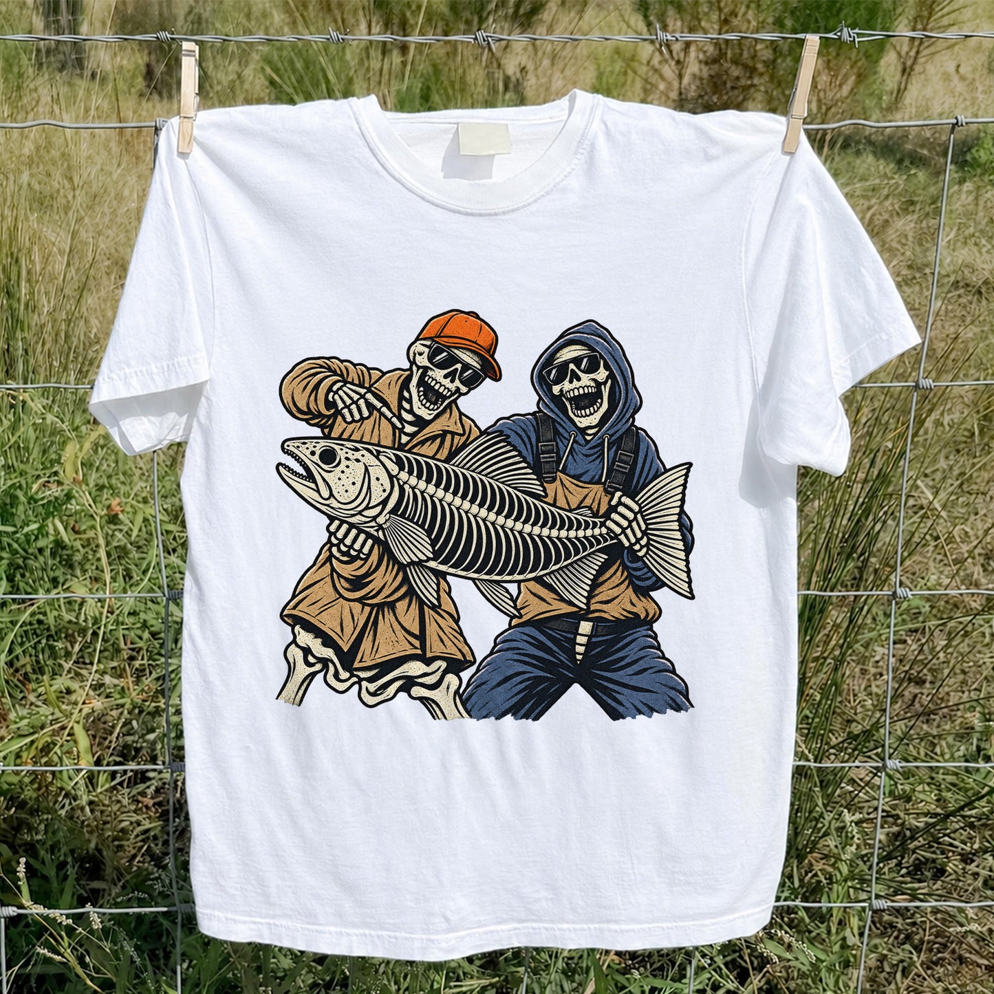 Skeleton Anglers Holding a Giant Fish Graphic T-Shirt