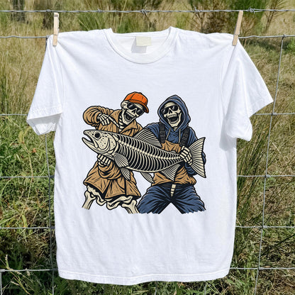 Skeleton Anglers Holding a Giant Fish Graphic T-Shirt