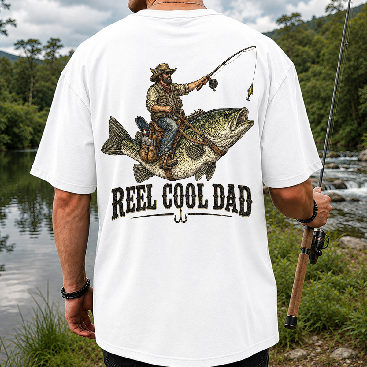 Reel Cool Dad Cowboy Riding a Bass Fishing Graphic T-Shirt | Back Print