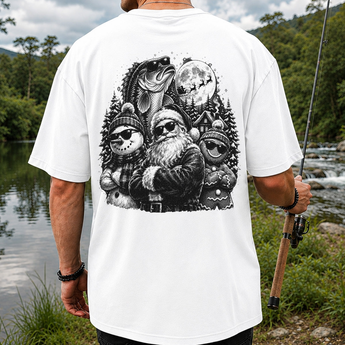 Santa Snowman Gingerbread and Bass Christmas Fishing T-Shirt | Back Print