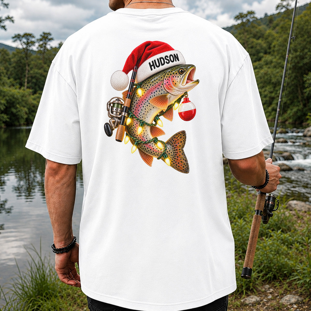 Hudson Santa Hat Rainbow Trout Christmas Fishing T-Shirt | Back Print
