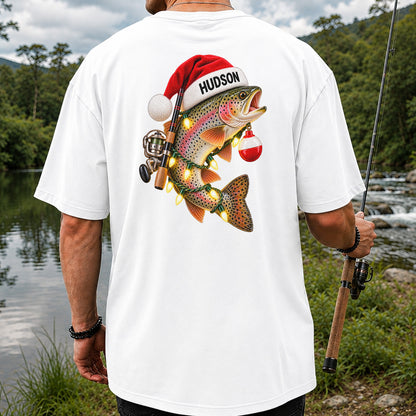 Hudson Santa Hat Rainbow Trout Christmas Fishing T-Shirt | Back Print