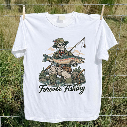 Forever Fishing Skeleton Angler Holding Rainbow Trout Graphic T-Shirt