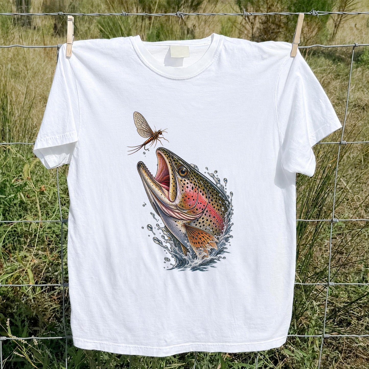 Rainbow Trout Chasing Mayfly Fishing Graphic T-Shirt
