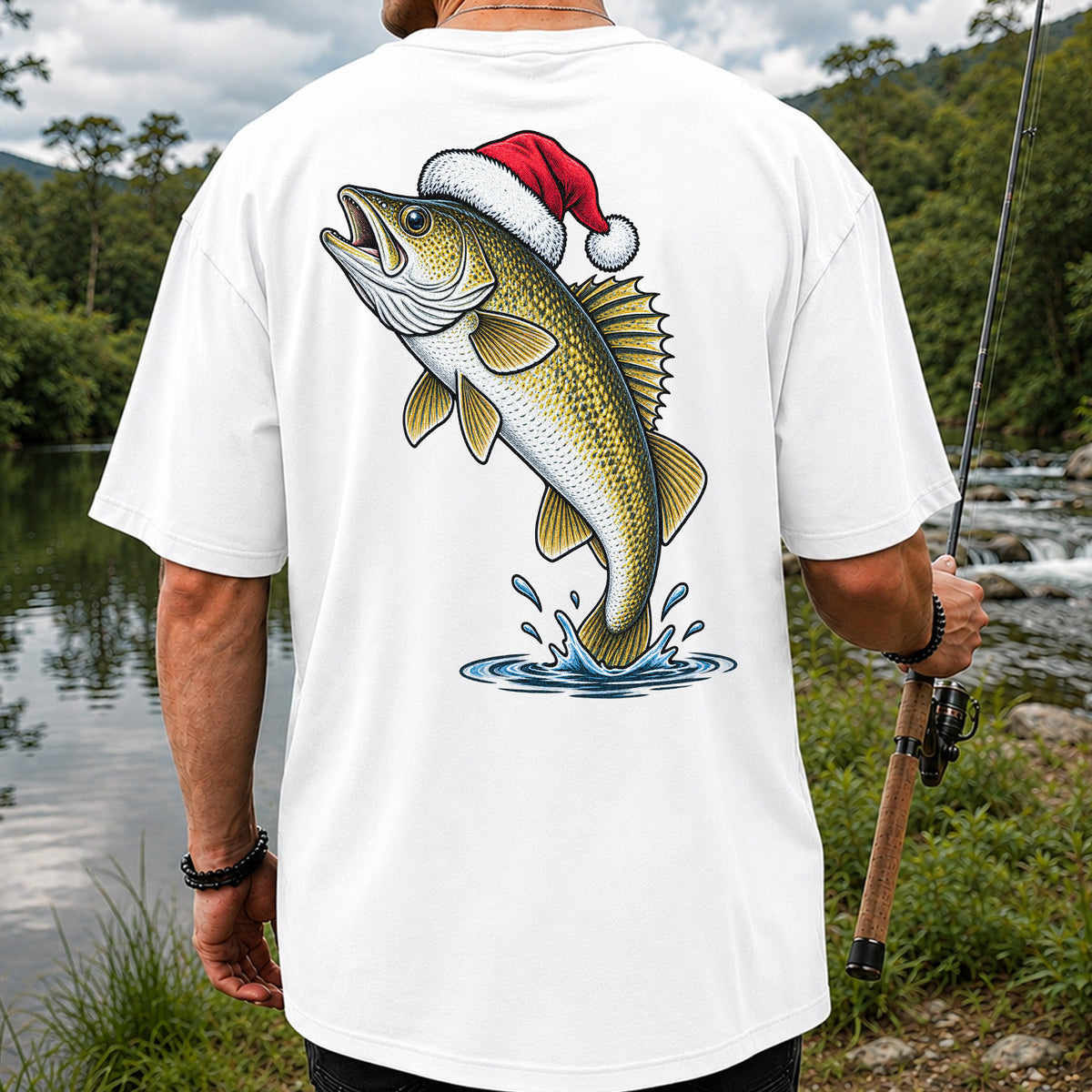 Santa Hat Walleye Christmas Fishing Graphic T-Shirt | Back Print