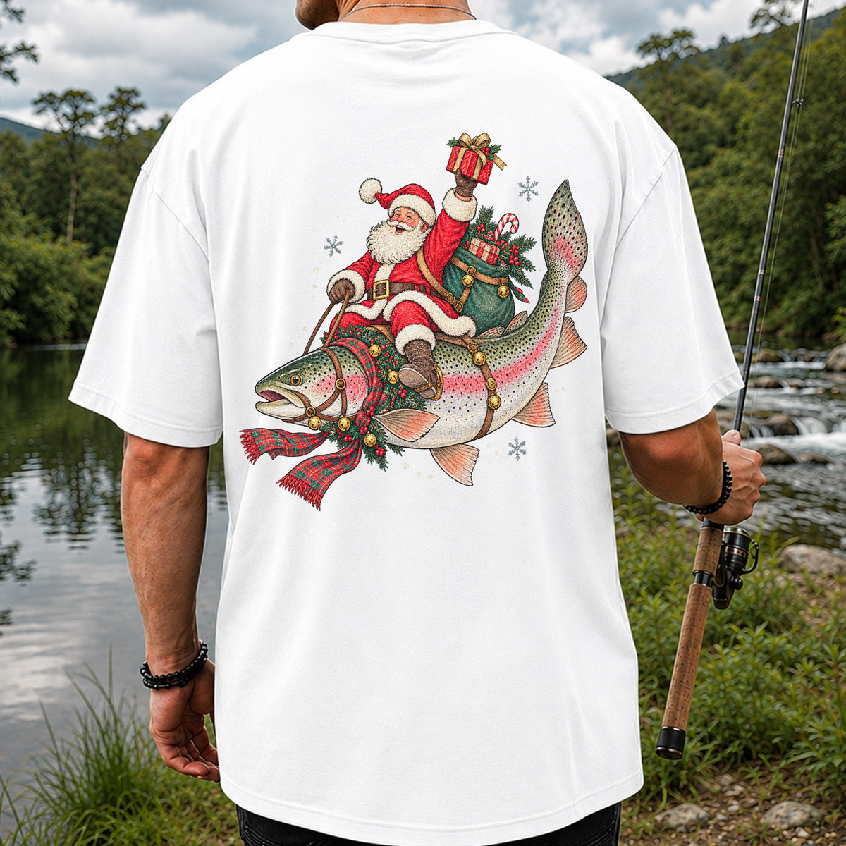 Santa Riding a Festive Rainbow Trout Christmas Fishing Graphic T-Shirt | Back Print