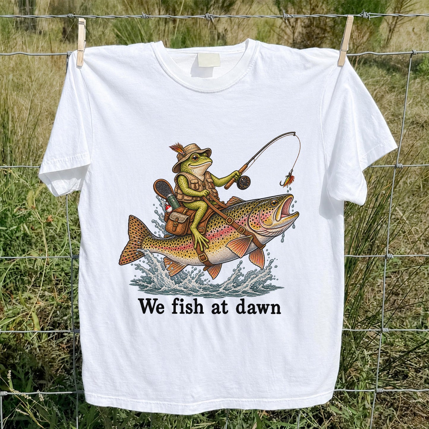 We Fish at Dawn Frog Riding a Rainbow Trout Funny Fishing T-Shirt