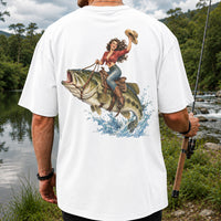 Vintage Cowgirl Riding a Largemouth Bass Fishing Graphic T-Shirt | Back Print