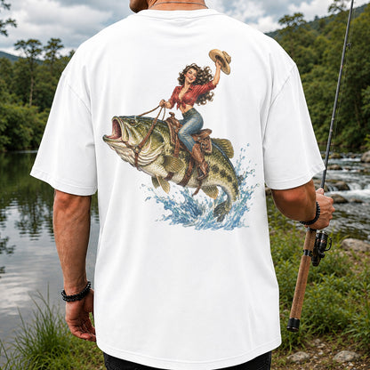Vintage Cowgirl Riding a Largemouth Bass Fishing Graphic T-Shirt | Back Print