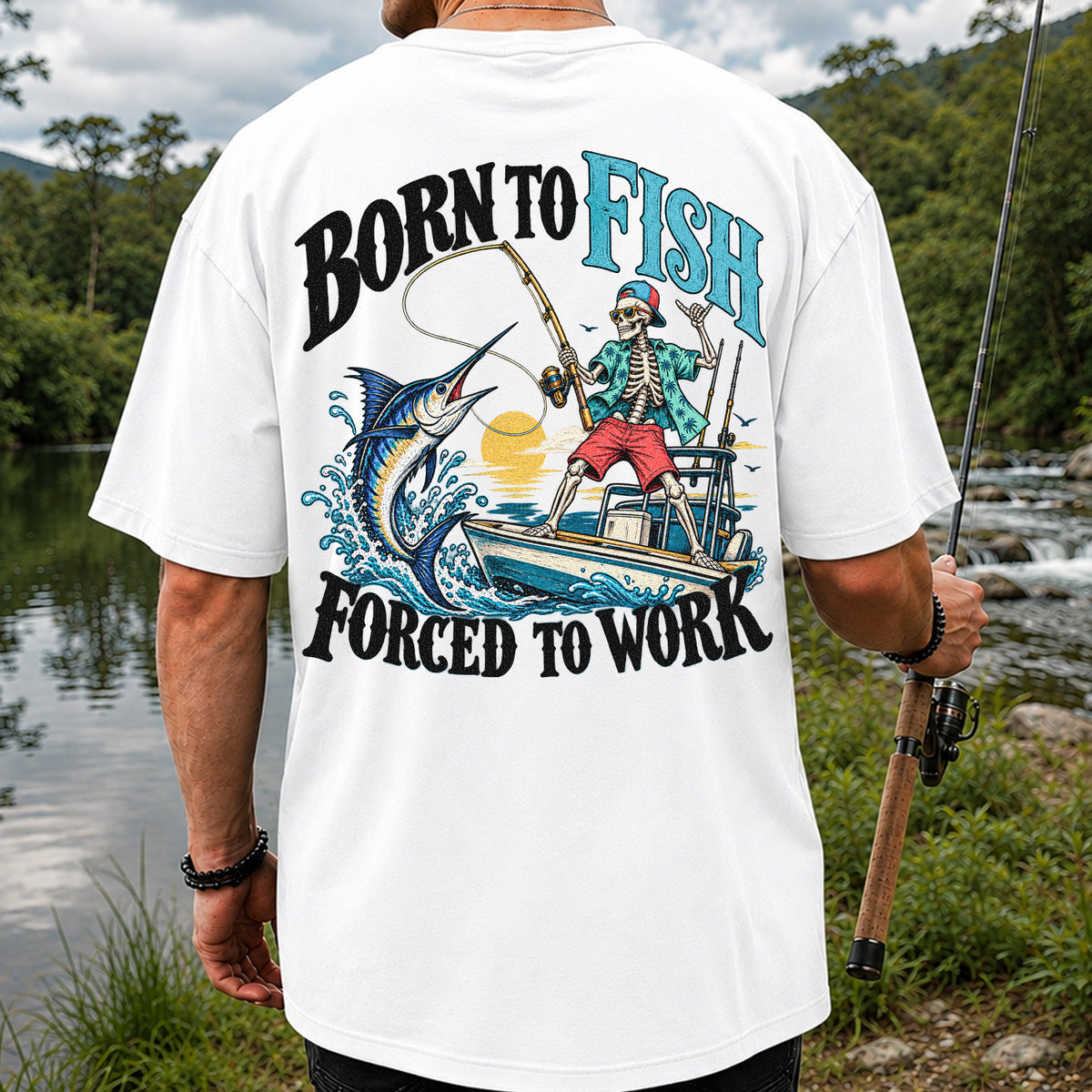 Skeleton Marlin Fishing Boat Graphic T-Shirt | Back Print