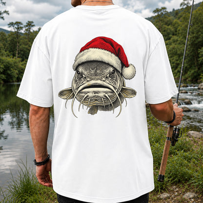 Christmas Catfish Santa Hat Holiday Fishing Graphic T-Shirt | Back Print