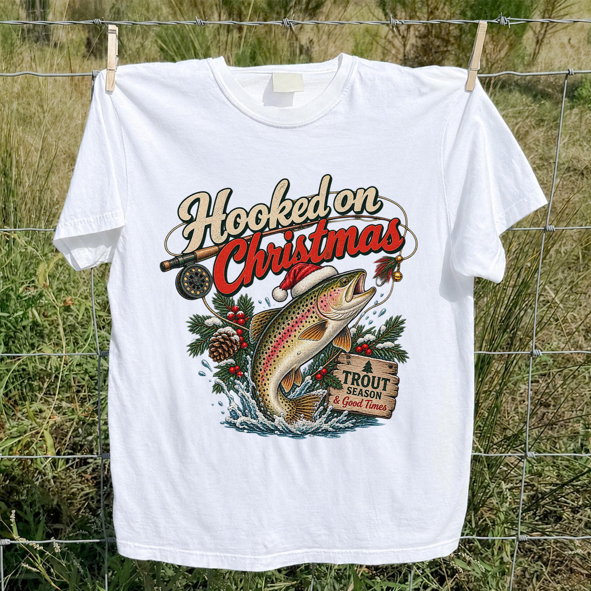 Hooked on Christmas Rainbow Trout in Santa Hat Fishing T-Shirt