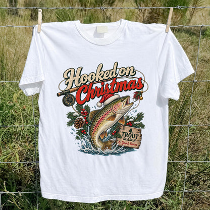 Hooked on Christmas Rainbow Trout in Santa Hat Fishing T-Shirt