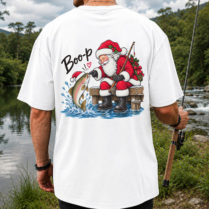 Santa Fishing for Rainbow Trout Christmas Graphic T-Shirt | Back Print