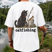 Catfishing Smoking Black Cat with Fishing Rod Funny T-Shirt | Back Print